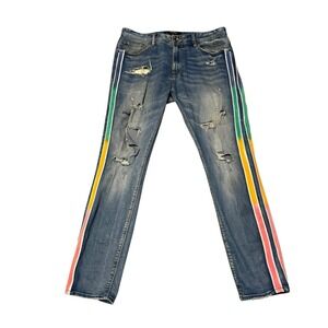 AKOO Distressed Skulk Fit Nature Jeans Rainbow Stripe Stretch Men's Size 38 x 32